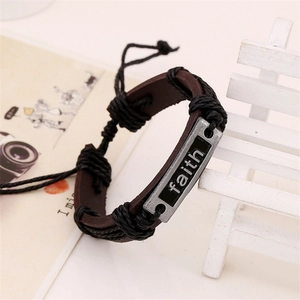 Pulsera retro de cuero trenzado marrón con placa de metal faith vintage ajustable