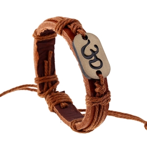 Bracelet Vintage en Cuir Tressé Avec Symbole Om Plaque en Alliage de Bronze Antique Bijoux Ethniques Réglables Pour Homme Femme
