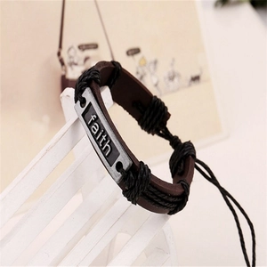Pulsera retro de cuero trenzado con placa faith plateada y cordón ajustable