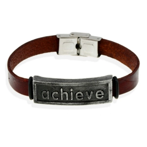 Men Retro Brown Leather Bracelet With Stainless Steel Clasp Alloy Achieve Engraved Plate Punk Casual Wristband Jewelry