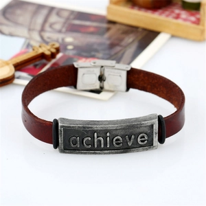 Retro brown leather bracelet for men with engraved stainless steel achieve metal plate