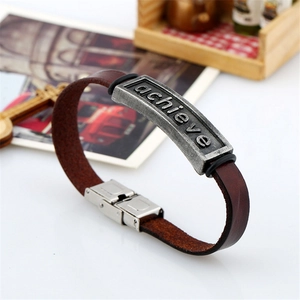 Vintage brown leather bracelet with stainless steel clasp and engraved achieve charm