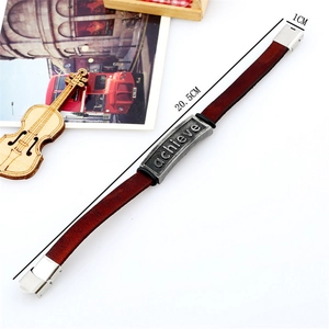 Vintage brown leather bracelet with silver achieve metal plate and secure magnetic clasp