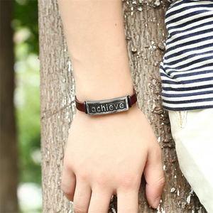 Retro brown leather bracelet with silver achieve metal plate for men and women