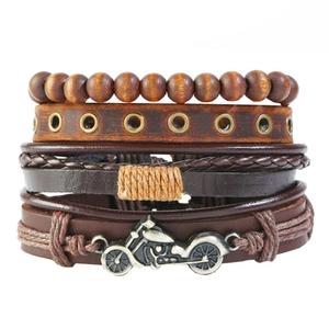 Men's Vintage Leather Bracelet Set Multi-layer Braided Cowhide Hemp Rope Wood Beads Motorcycle Charm Rugged Biker Punk Jewelry