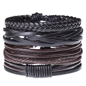 Vintage Cowhide Woven Leather Bracelet For Men Multi-layer Braided Cord Hemp Rope Adjustable Handmade Casual Punk Jewelry