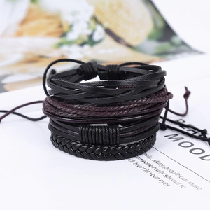 Men's retro layered braided leather bracelet set in black and dark coffee tones