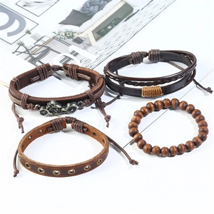 Vintage 4-piece set of men's leather bracelets with motorcycle charm and wooden beads