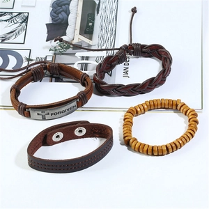 Set of four vintage braided leather bracelets with a metal cross and wood beads