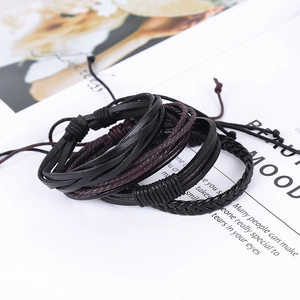 Retro multi-layer braided leather bracelet set with adjustable drawstrings for men
