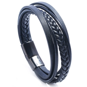 Herren Vintage Mehrschichtiges Geflochtenes Lederarmband Mit Edelstahl Magnetverschluss Rindsleder PU Armreif Schmuck Armband