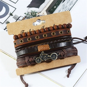 Vintage 4-piece multilayer leather bracelet set with motorcycle charm and wooden beads