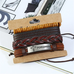 Retro multi-layer leather bracelet set with cross charm and wood beads on card board
