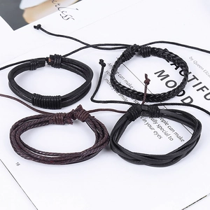 Retro DIY braided leather bracelet set for men featuring minimalist punk style in dark tones