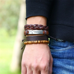 Men's multi-layer leather bracelet set with wooden beads and engraved cross charm