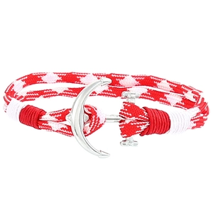 Detailansicht des nautischen Ankerarmbandes mit rot-weiß-rosa geflochtener Schnur und Verschluss