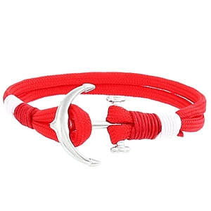 Herren Segelarmband mit rotem geflochtenem Polyesterseil und silbernem Ankerverschluss