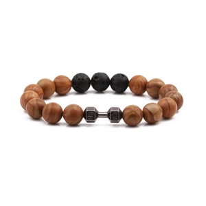 Malachite brown stone bead bracelet with black lava rock and metal dumbbell charm