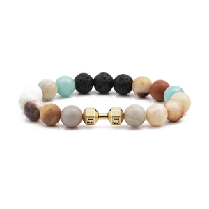 Malachite and volcanic stone beaded dumbbell bracelet featuring gold LIFT and LIVE charm