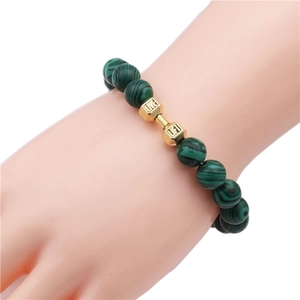 Malachite beaded bracelet with a golden fitness dumbbell featuring Live Lift engraving