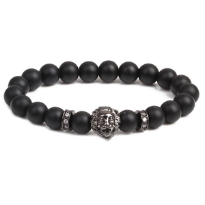 Bracelet Tête de Lion pour Hommes en Pierre Noire Mate Perles Élastique Avec Accents en Zirconia Style Punk Bijoux pour Hommes
