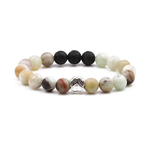 Beaded 10mm paw print bracelet featuring natural amazonite and black volcanic lava stones