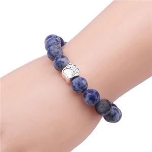 Blue marble stone 10mm beaded bracelet with silver animal paw charm for men and women
