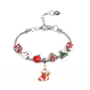 Weihnachts-Bettelarmband mit silberner Schlangenkette, Weihnachtsmann- und Schneemannanhänger