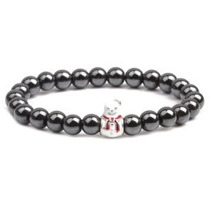 Elastic hematite beaded bracelet featuring a white snowman charm with red scarf