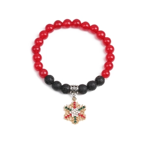 Christmas beaded bracelet with red agate, black lava stone, and silver snowflake charm