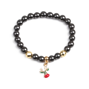 Magnetisches Hämatit-Perlenarmband mit Weihnachts-Hirsch-Anhänger und Goldperlen