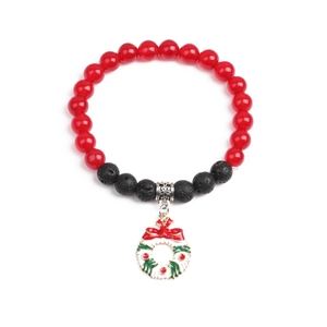 Christmas bracelet featuring red agate beads, black lava stones, and a festive wreath charm