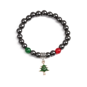 Bracciale natalizio in ematite con ciondolo albero verde e perline rosse e verdi