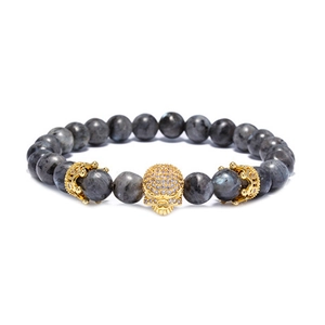8mm crown skull bracelet with dark grey natural stone beads and gold accents