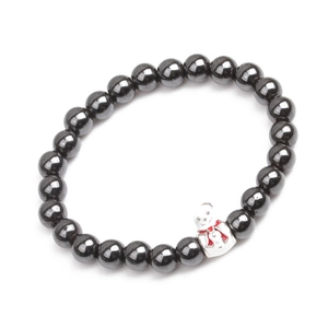 Detail of beaded hematite bracelet featuring a cute white snowman charm with red scarf