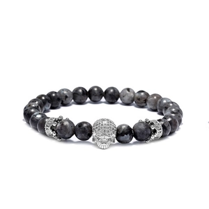 8mm dark grey natural stone beaded bracelet with silver crown and skull crown accent