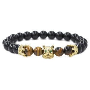 Black agate and tiger eye beaded bracelet with golden wolf head and crown charms