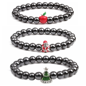 Christmas Magnetic Hematite Beaded Bracelet Santa Claus Snowman Christmas Tree Pendant Elastic Holiday Gift Jewelry
