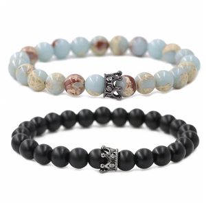 Natural Stone Beaded Bracelet Set Copper Crown Micro Inlaid Cubic Zirconia Elastic Charm Bracelet For Women Men Fashion Jewelry