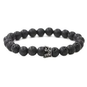 Lava rock stone bracelet for men featuring a micro-pave zircon crown metal charm
