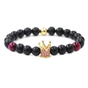 Luxury Crown Beaded Bracelet Copper Micro Inlaid Zirconia Natural Stone Tiger Eye Healing Bracelet For Men Women Jewelry