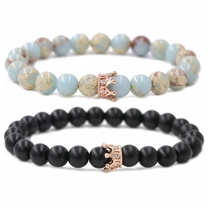 Micro-pave zircon crown bracelet set with blue natural stone and matte black beads