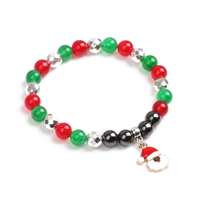 Bracelet de Noël en hématite avec perles rouges vertes et breloque Père Noël