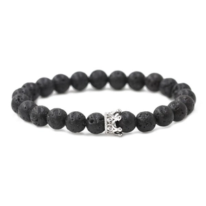 Lava stone bead crown bracelet featuring black volcanic rock and silver micro-set zircon