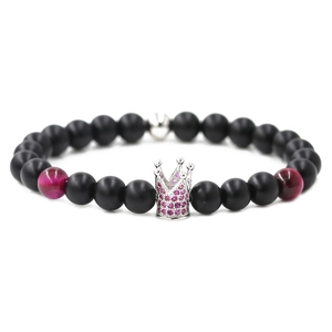 Black matte beads crown bracelet with magenta tiger eye stones and micro-pave crown charm