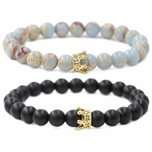Beaded crown bracelet set with matte black agate and marbled blue imperial stone beads