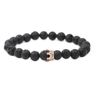 Men's volcanic stone crown bracelet featuring micro-pave zircons and rose gold beads