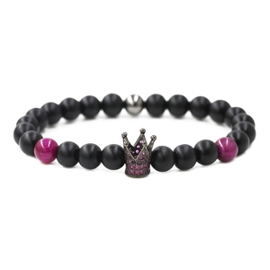 Crown bracelet featuring matte black beads, pink tiger eye stones and micro-pave crystals