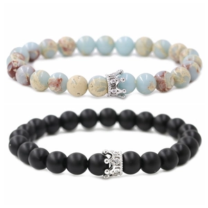 Beaded crown bracelet set with matte black beads and blue marble stones for women