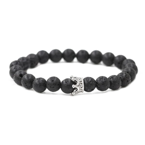 Men's natural black lava stone beaded crown bracelet with micro-pave cubic zirconia